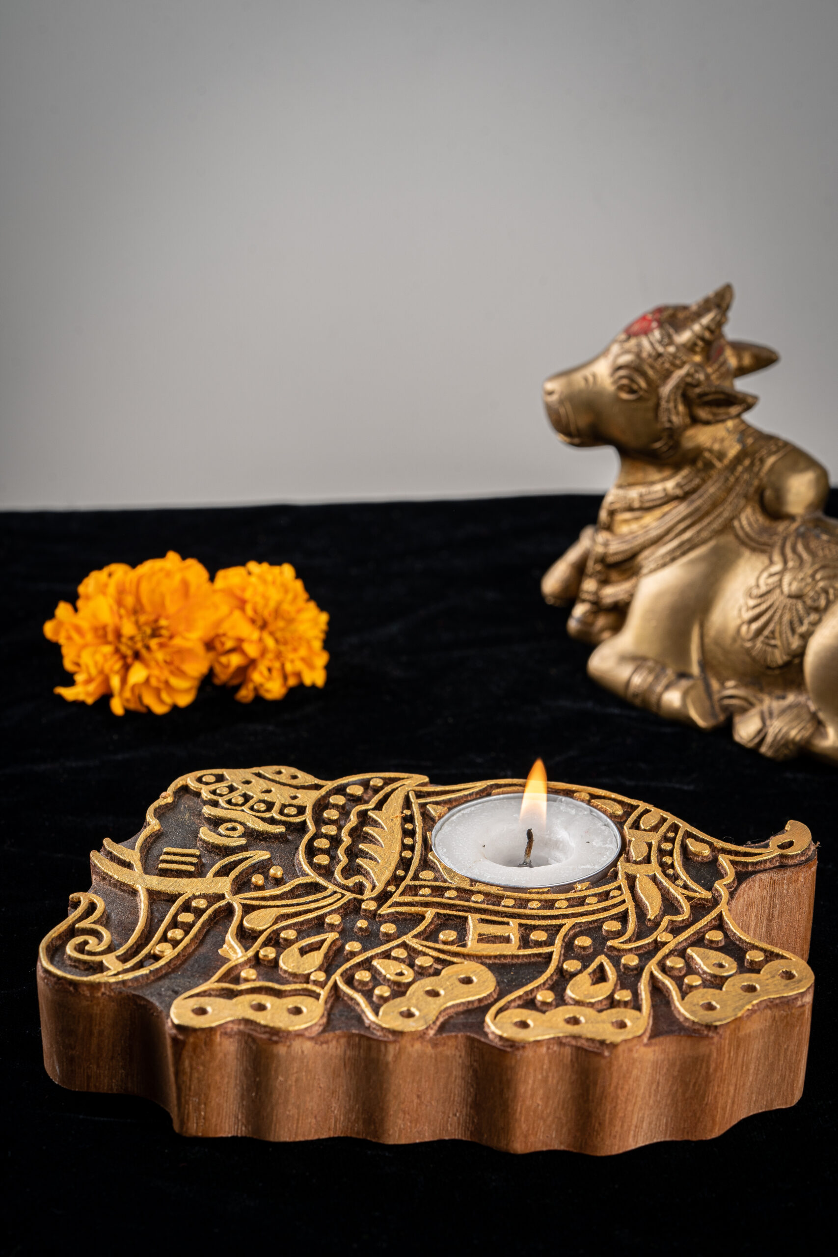 Beautifully carved wooden block tea lights Set of Two - Off White Gaja